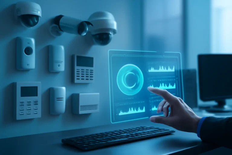Cena de escritório com dispositivos de segurança e mão interagindo com interface holográfica de segurança 360