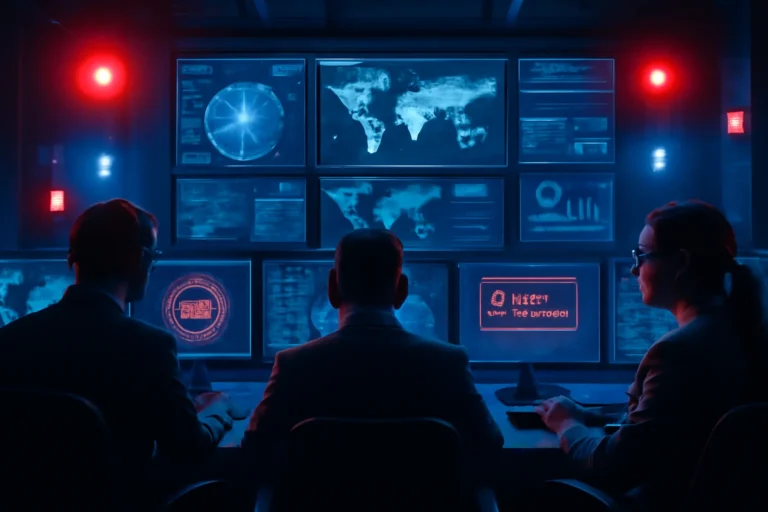 Imagem de uma sala de segurança cibernética com profissionais monitorando ameaças, luzes de alerta e gráficos de segurança digital, destacando Segurança 360.
