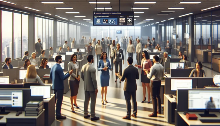 Ambiente corporativo brasileiro com líder envolvente, elementos de tecnologia e segurança, promovendo cultura segurança empresarial Brasil