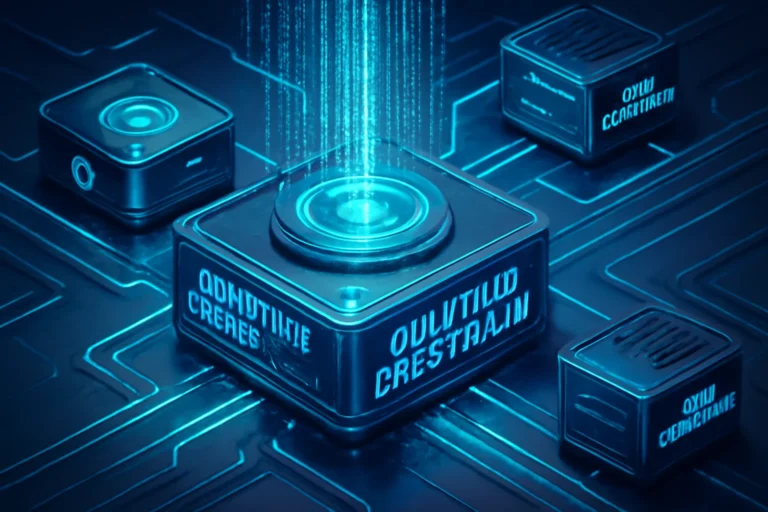 Cena horizontal de dispositivo de criptografia quântica com fluxos holográficos de dados, ambientes com IoT e computação de borda, destaque na segurança quântica.